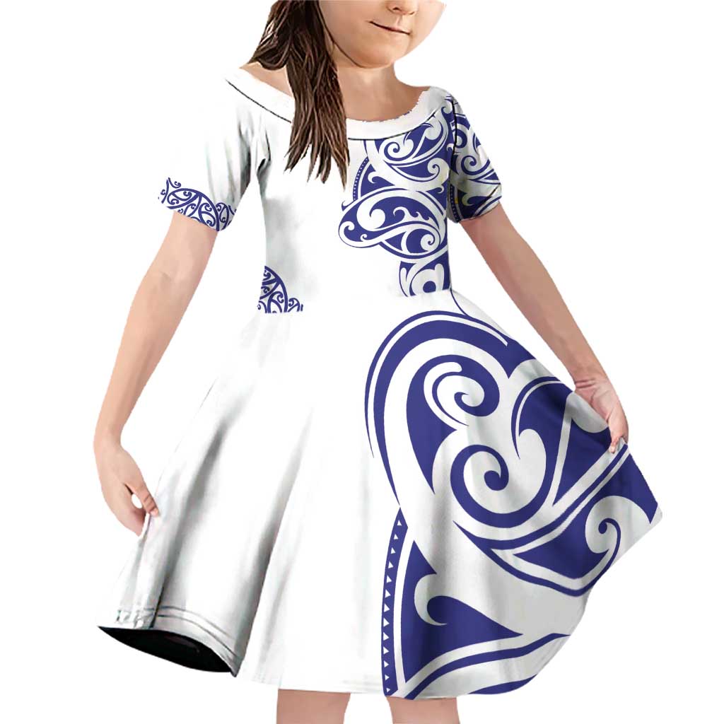 All White Maori Tribal Tattoo Personalised Family Matching Off Shoulder Short Dress and Hawaiian Shirt Dark Blue Polynesian Style - Polynesian Pride