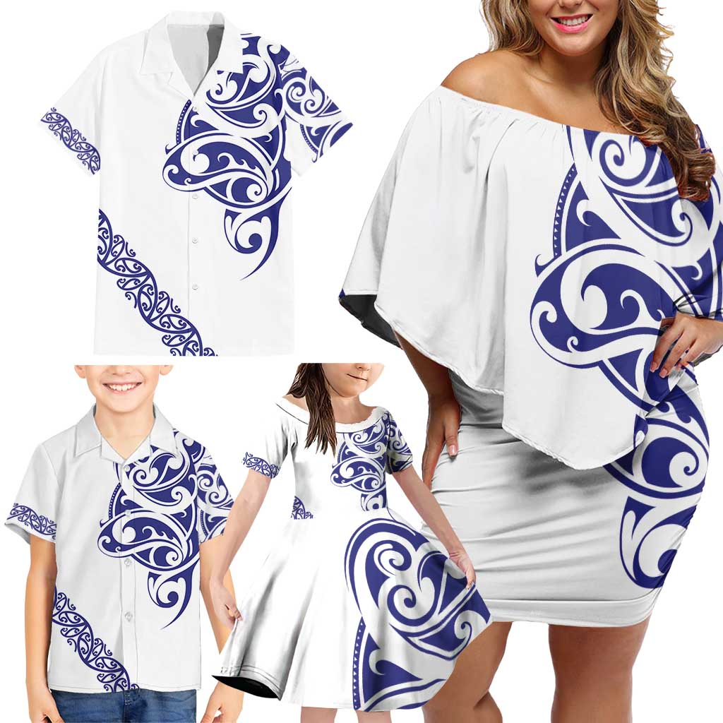 All White Maori Tribal Tattoo Personalised Family Matching Off Shoulder Short Dress and Hawaiian Shirt Dark Blue Polynesian Style - Polynesian Pride