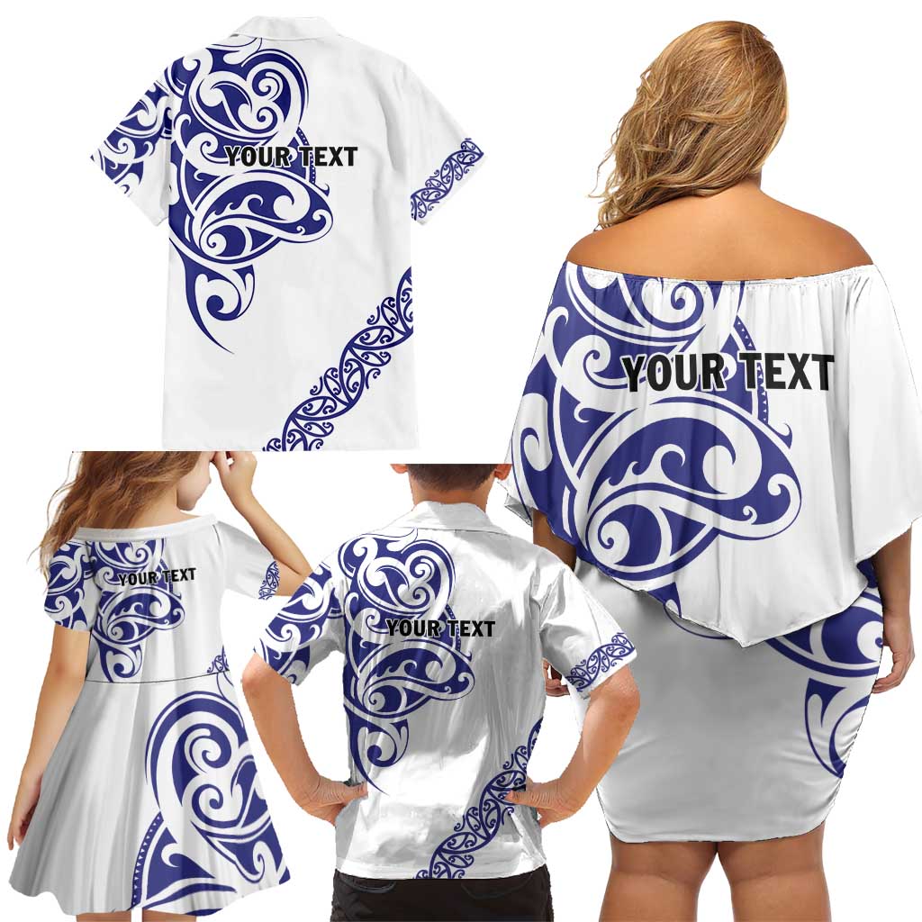 All White Maori Tribal Tattoo Personalised Family Matching Off Shoulder Short Dress and Hawaiian Shirt Dark Blue Polynesian Style - Polynesian Pride