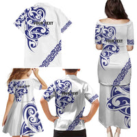 All White Maori Tribal Tattoo Personalised Family Matching Puletasi and Hawaiian Shirt Dark Blue Polynesian Style - Polynesian Pride