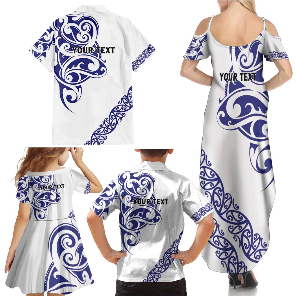 All White Maori Tribal Tattoo Personalised Family Matching Summer Maxi Dress and Hawaiian Shirt Dark Blue Polynesian Style - Polynesian Pride