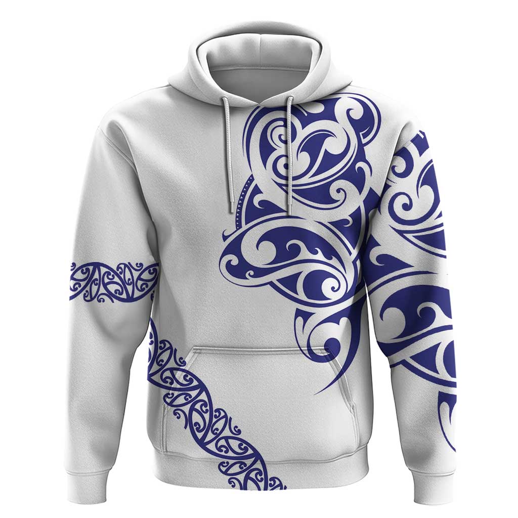 All White Maori Tribal Tattoo Personalised Hoodie Dark Blue Polynesian Style - Polynesian Pride