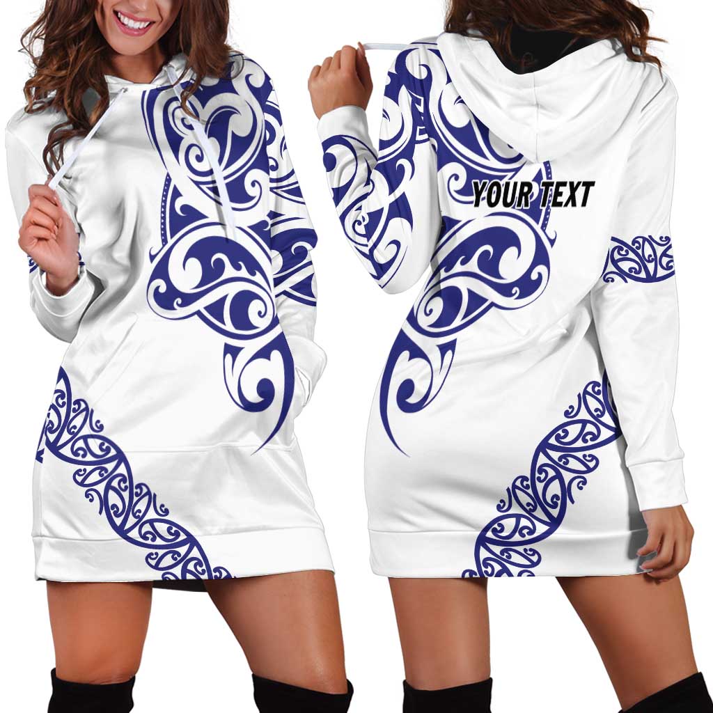 All White Maori Tribal Tattoo Personalised Hoodie Dress Dark Blue Polynesian Style - Polynesian Pride