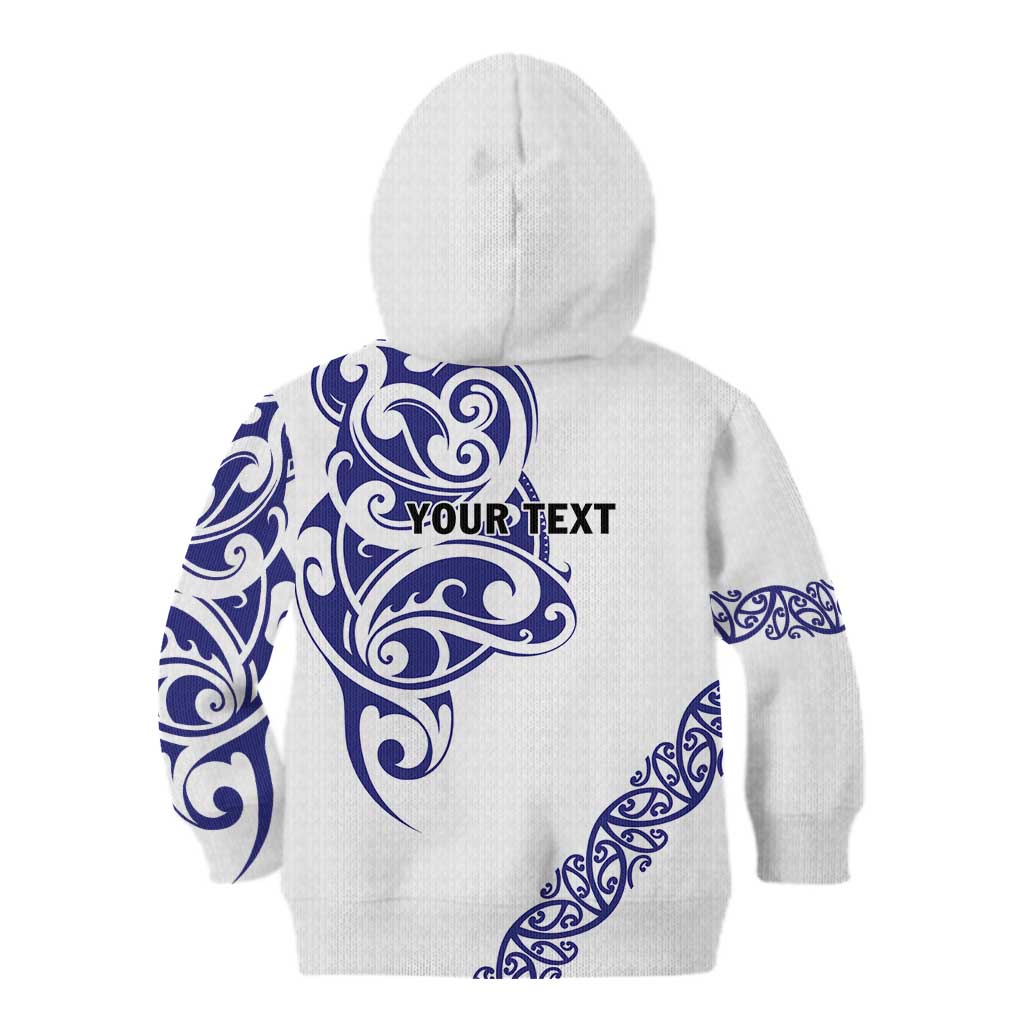 All White Maori Tribal Tattoo Personalised Kid Hoodie Dark Blue Polynesian Style - Polynesian Pride