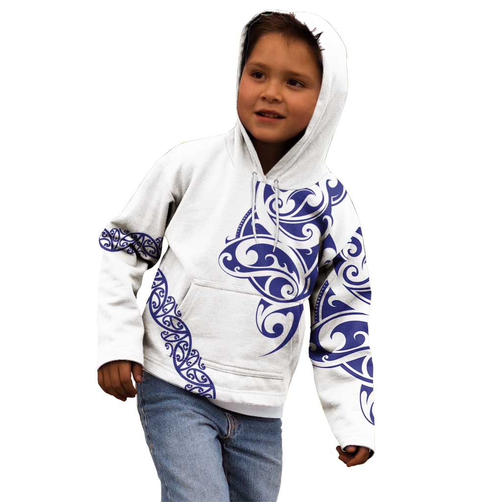 All White Maori Tribal Tattoo Personalised Kid Hoodie Dark Blue Polynesian Style - Polynesian Pride