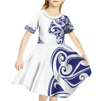 All White Maori Tribal Tattoo Personalised Kid Short Sleeve Dress Dark Blue Polynesian Style - Polynesian Pride
