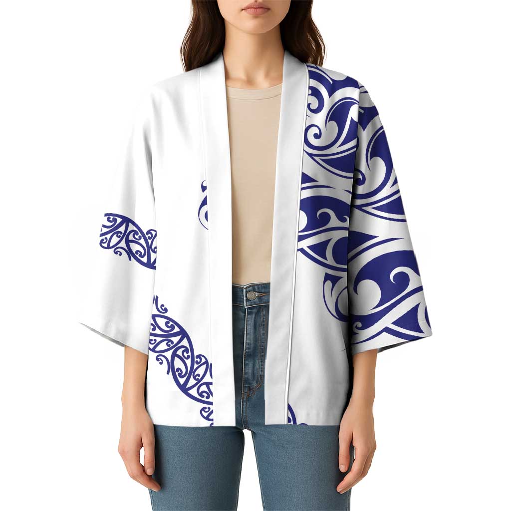 All White Maori Tribal Tattoo Personalised Kimono Dark Blue Polynesian Style - Polynesian Pride