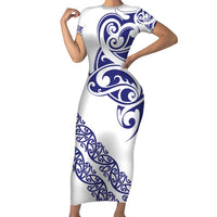All White Maori Tribal Tattoo Personalised Short Sleeve Bodycon Dress Dark Blue Polynesian Style - Polynesian Pride