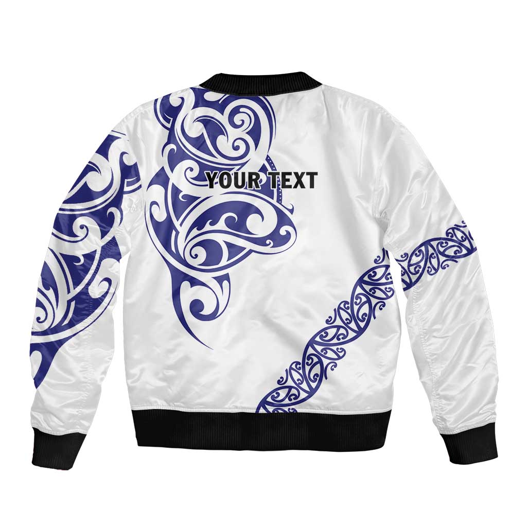All White Maori Tribal Tattoo Personalised Sleeve Zip Bomber Jacket Dark Blue Polynesian Style - Polynesian Pride