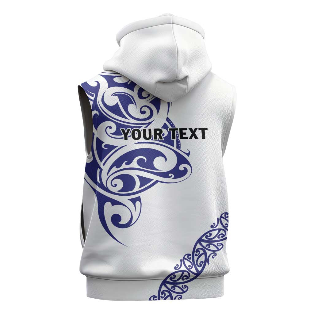 All White Maori Tribal Tattoo Personalised Sleeveless Hoodie Dark Blue Polynesian Style - Polynesian Pride