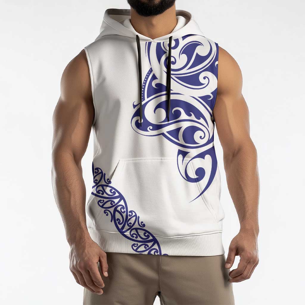 All White Maori Tribal Tattoo Personalised Sleeveless Hoodie Dark Blue Polynesian Style - Polynesian Pride