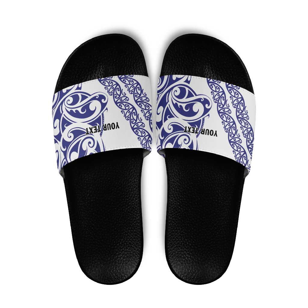 All White Maori Tribal Tattoo Personalised Slide Sandals Dark Blue Polynesian Style - Polynesian Pride