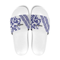 All White Maori Tribal Tattoo Personalised Slide Sandals Dark Blue Polynesian Style - Polynesian Pride
