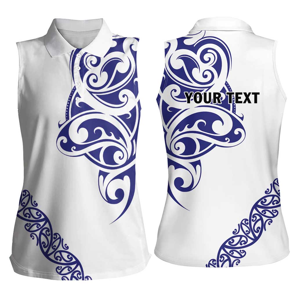 All White Maori Tribal Tattoo Personalised Women Sleeveless Polo Shirt Dark Blue Polynesian Style - Polynesian Pride