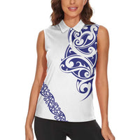 All White Maori Tribal Tattoo Personalised Women Sleeveless Polo Shirt Dark Blue Polynesian Style - Polynesian Pride
