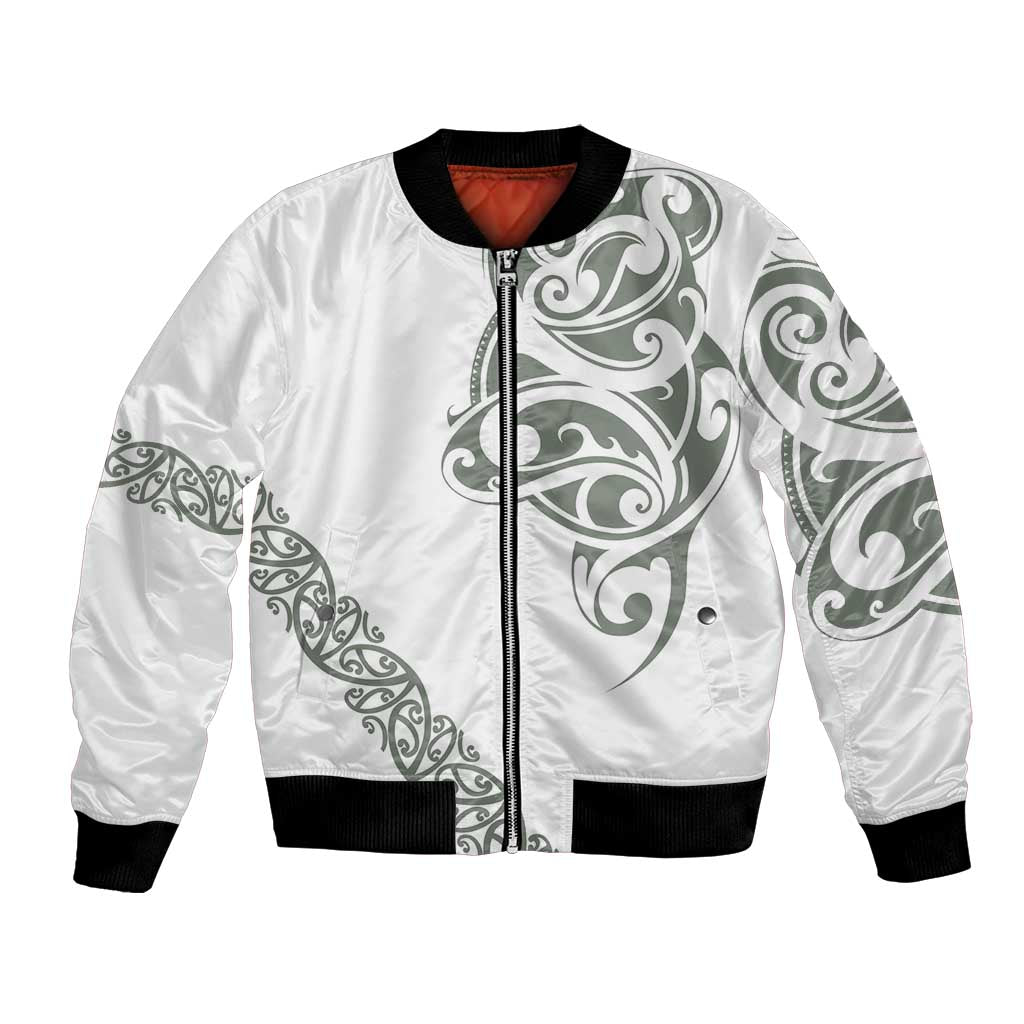 All White Maori Tribal Tattoo Personalised Bomber Jacket Moss Green Polynesian Style - Polynesian Pride
