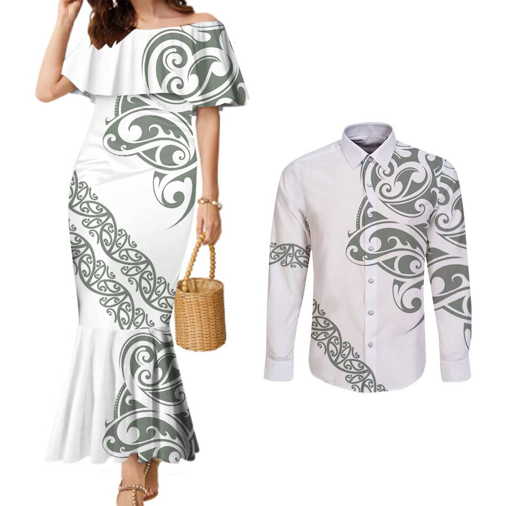 All White Maori Tribal Tattoo Personalised Couples Matching Mermaid Dress and Long Sleeve Button Shirt Moss Green Polynesian Style - Polynesian Pride