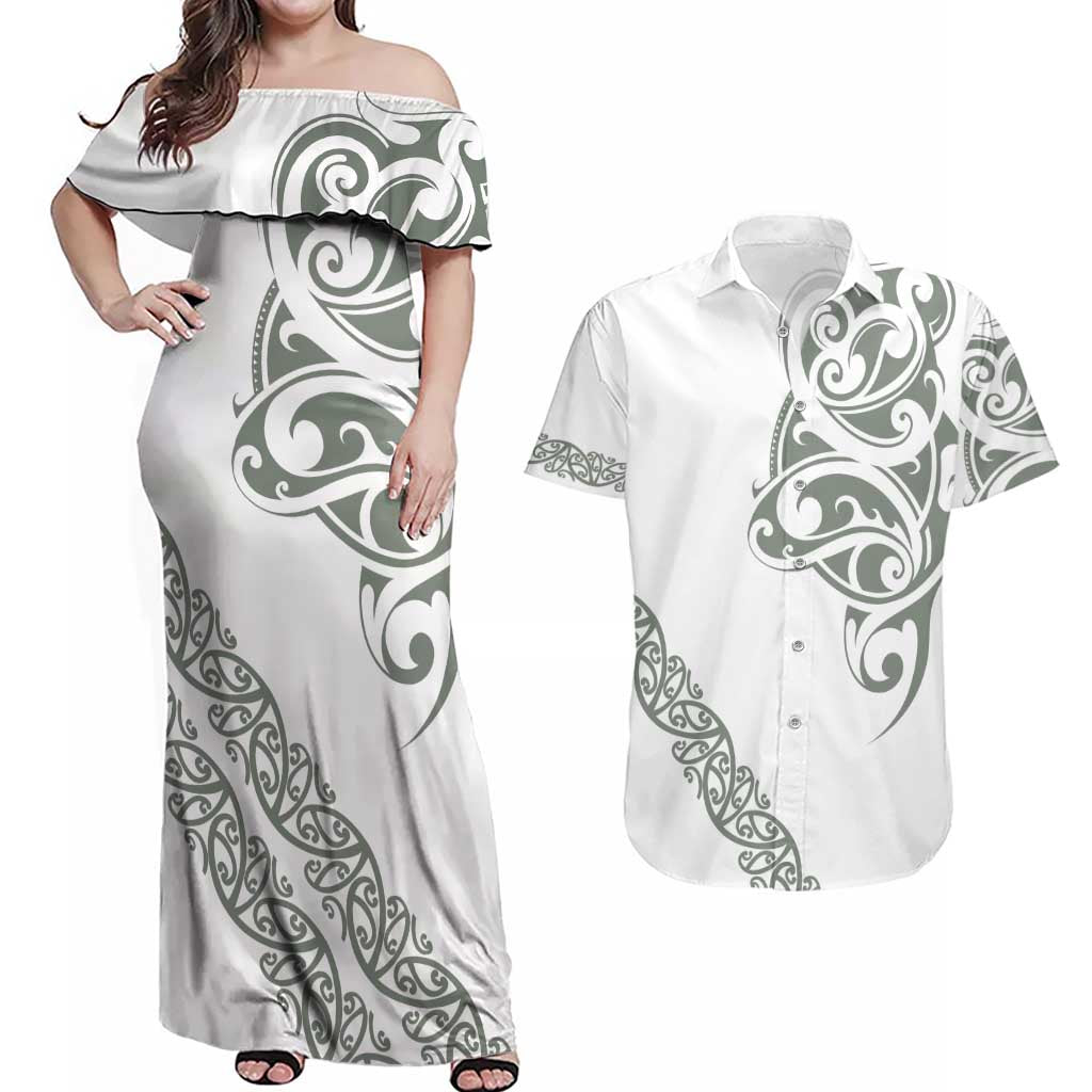 All White Maori Tribal Tattoo Personalised Couples Matching Off Shoulder Maxi Dress and Hawaiian Shirt Moss Green Polynesian Style - Polynesian Pride