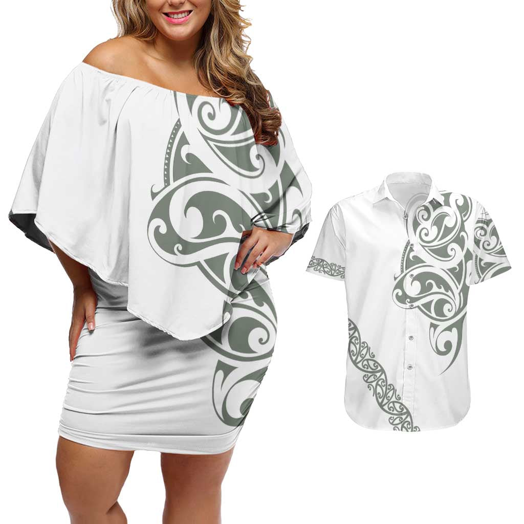 All White Maori Tribal Tattoo Personalised Couples Matching Off Shoulder Short Dress and Hawaiian Shirt Moss Green Polynesian Style - Polynesian Pride