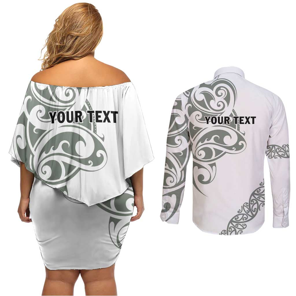 All White Maori Tribal Tattoo Personalised Couples Matching Off Shoulder Short Dress and Long Sleeve Button Shirt Moss Green Polynesian Style - Polynesian Pride
