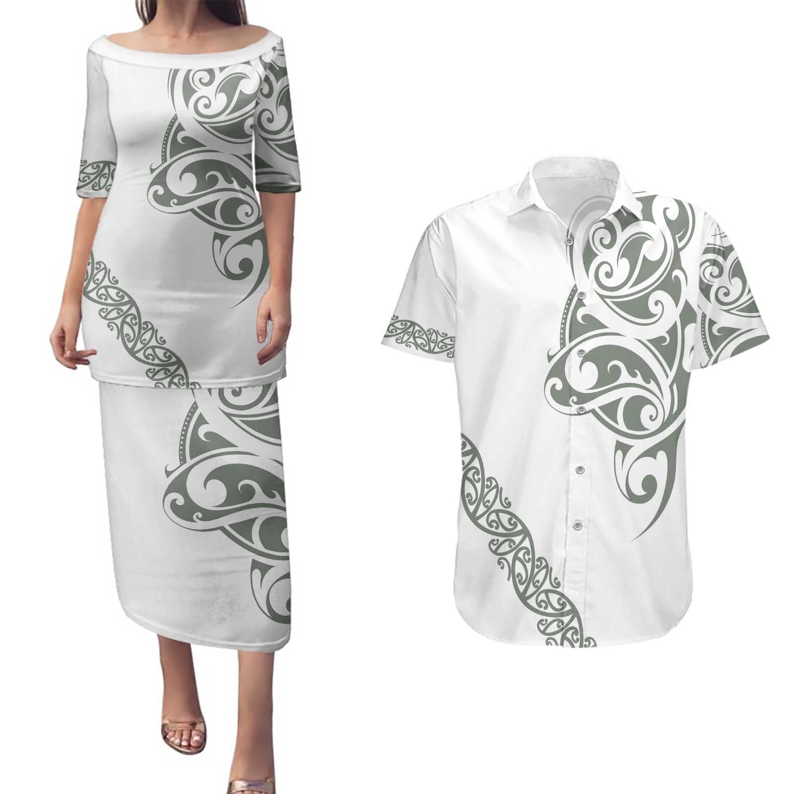 All White Maori Tribal Tattoo Personalised Couples Matching Puletasi and Hawaiian Shirt Moss Green Polynesian Style - Polynesian Pride