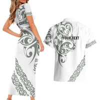 All White Maori Tribal Tattoo Personalised Couples Matching Short Sleeve Bodycon Dress and Hawaiian Shirt Moss Green Polynesian Style - Polynesian Pride
