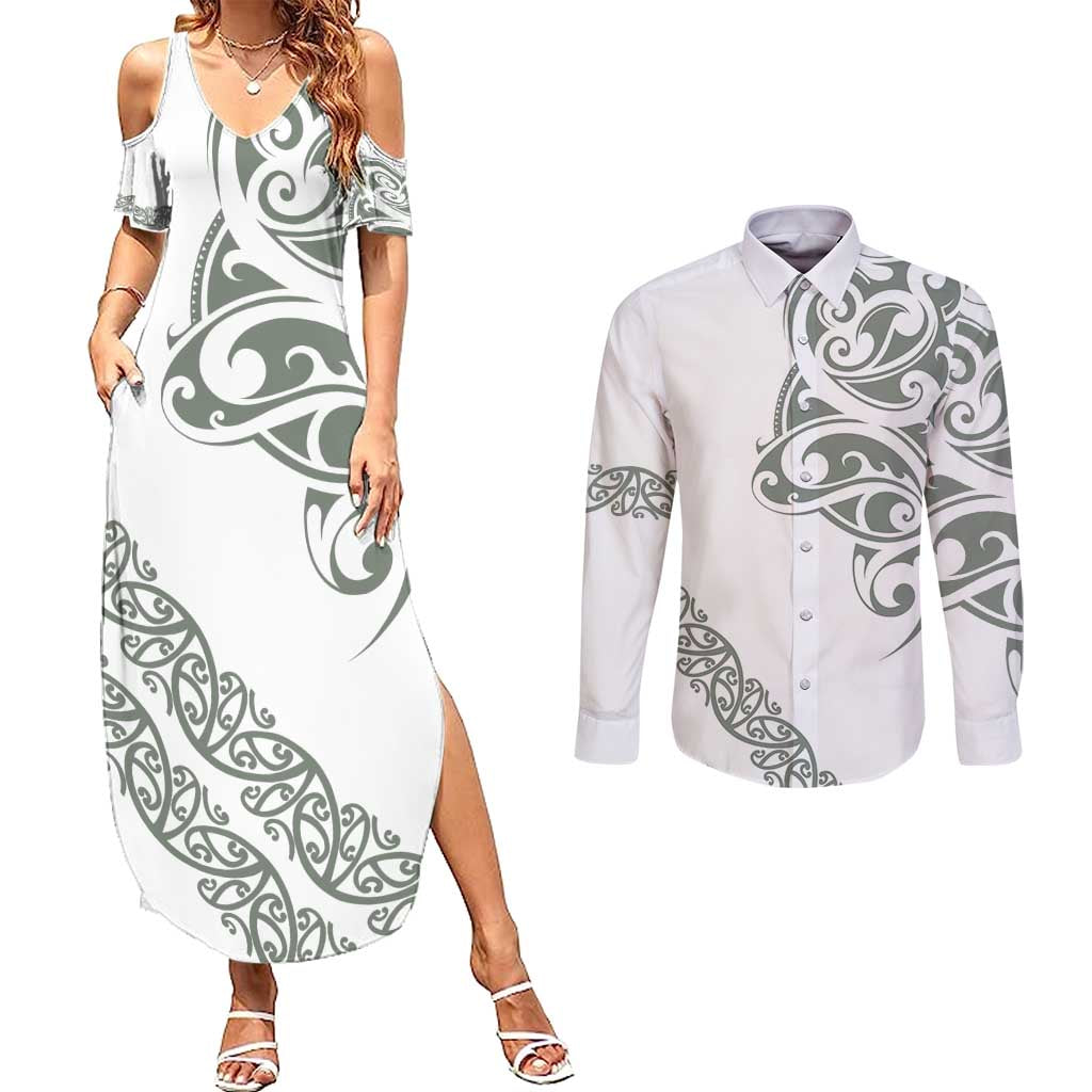 All White Maori Tribal Tattoo Personalised Couples Matching Summer Maxi Dress and Long Sleeve Button Shirt Moss Green Polynesian Style - Polynesian Pride