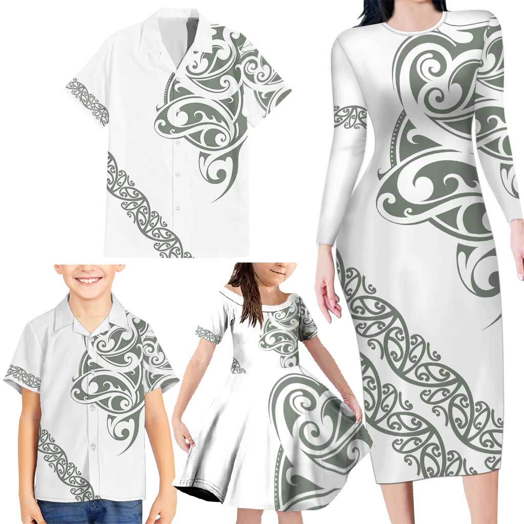 All White Maori Tribal Tattoo Personalised Family Matching Long Sleeve Bodycon Dress and Hawaiian Shirt Moss Green Polynesian Style - Polynesian Pride