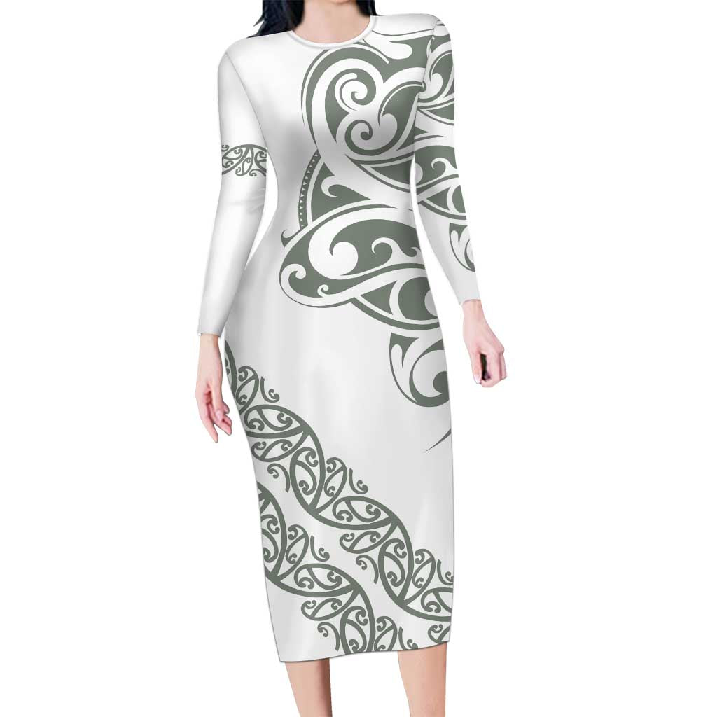 All White Maori Tribal Tattoo Personalised Family Matching Long Sleeve Bodycon Dress and Hawaiian Shirt Moss Green Polynesian Style - Polynesian Pride