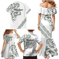 All White Maori Tribal Tattoo Personalised Family Matching Mermaid Dress and Hawaiian Shirt Moss Green Polynesian Style - Polynesian Pride