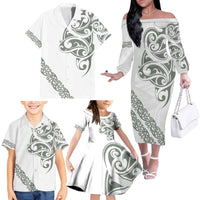 All White Maori Tribal Tattoo Personalised Family Matching Off The Shoulder Long Sleeve Dress and Hawaiian Shirt Moss Green Polynesian Style - Polynesian Pride