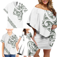 All White Maori Tribal Tattoo Personalised Family Matching Off Shoulder Short Dress and Hawaiian Shirt Moss Green Polynesian Style - Polynesian Pride