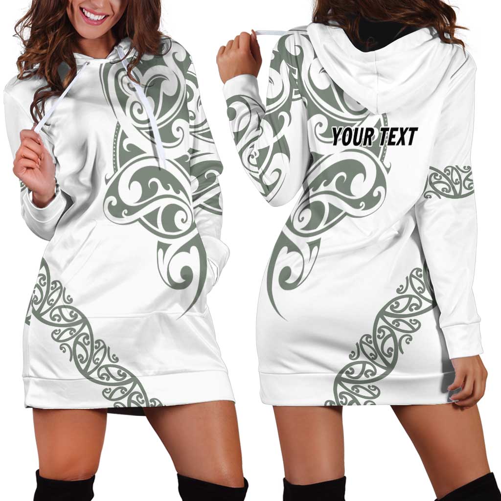 All White Maori Tribal Tattoo Personalised Hoodie Dress Moss Green Polynesian Style - Polynesian Pride