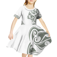 All White Maori Tribal Tattoo Personalised Kid Short Sleeve Dress Moss Green Polynesian Style - Polynesian Pride