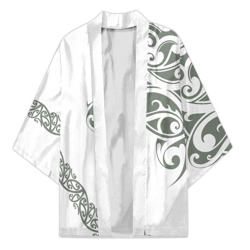 All White Maori Tribal Tattoo Personalised Kimono Moss Green Polynesian Style - Polynesian Pride