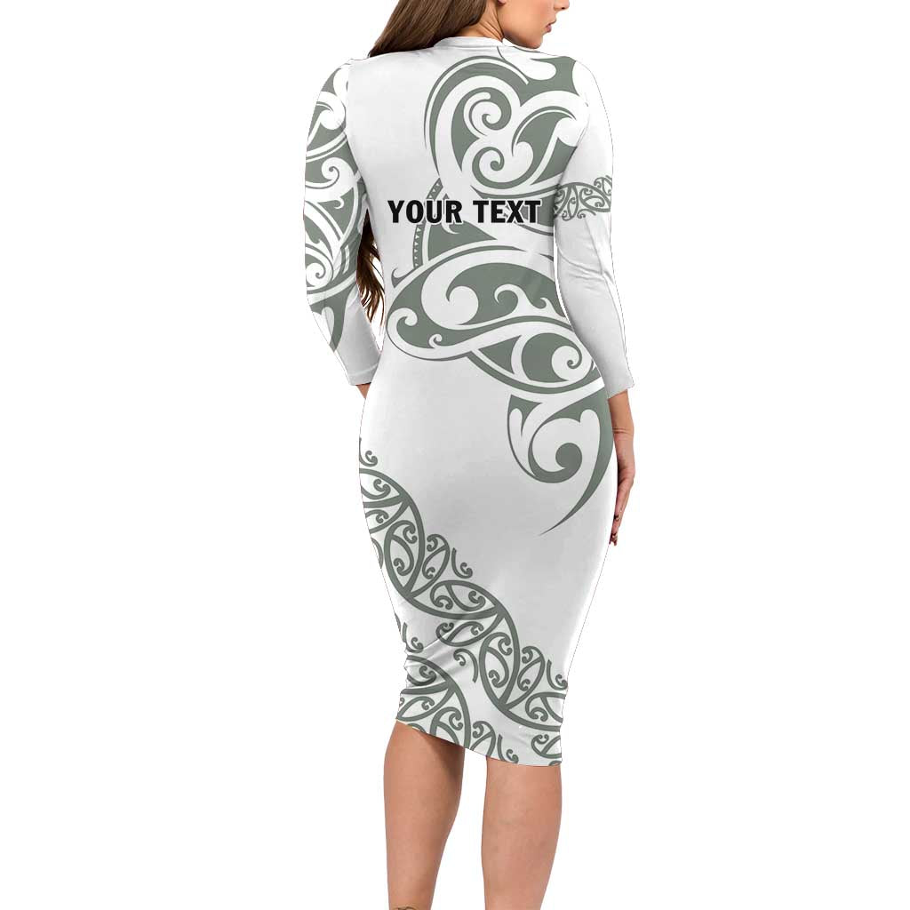 All White Maori Tribal Tattoo Personalised Long Sleeve Bodycon Dress Moss Green Polynesian Style - Polynesian Pride