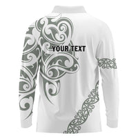 All White Maori Tribal Tattoo Personalised Long Sleeve Polo Shirt Moss Green Polynesian Style - Polynesian Pride