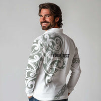 All White Maori Tribal Tattoo Personalised Long Sleeve Polo Shirt Moss Green Polynesian Style - Polynesian Pride
