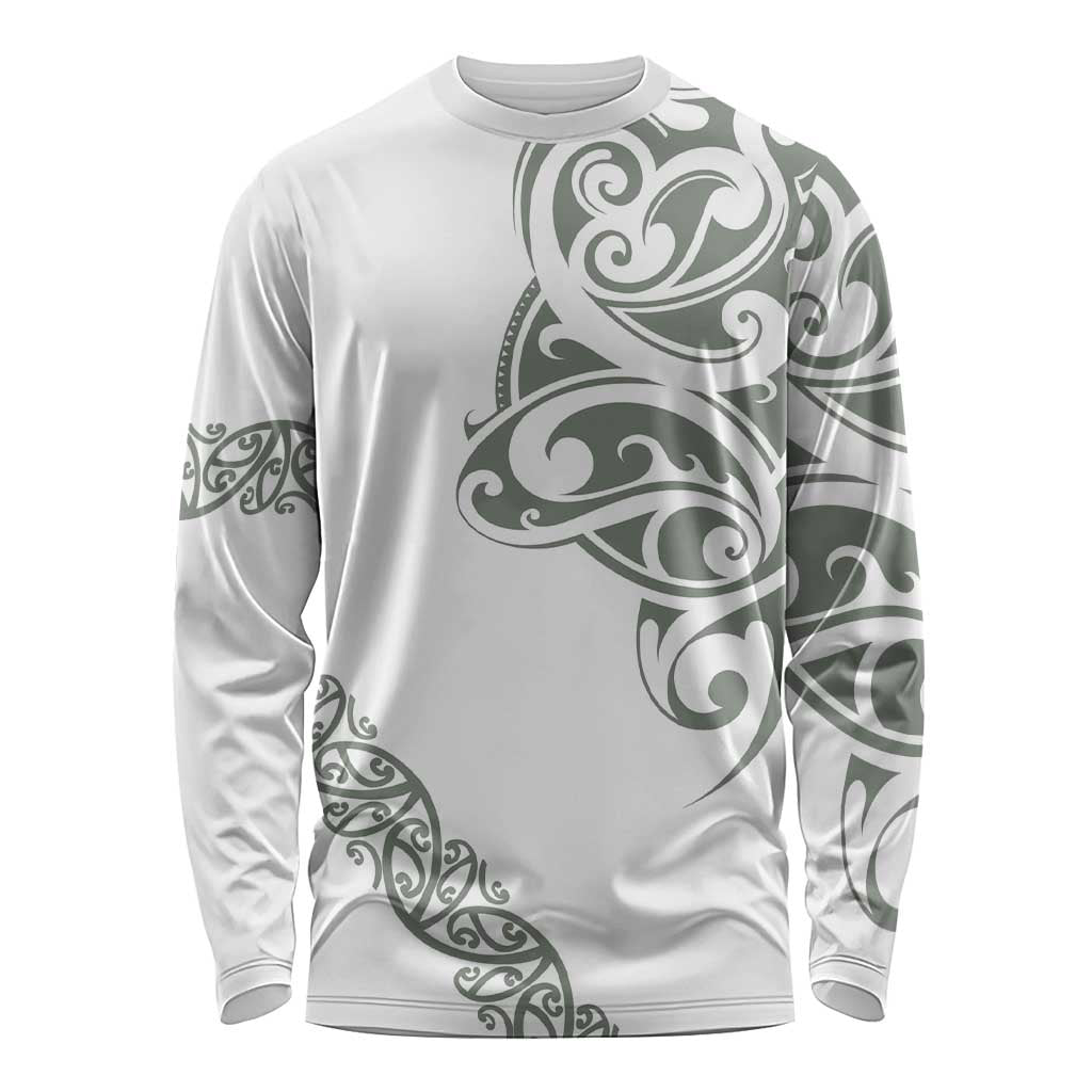 All White Maori Tribal Tattoo Personalised Long Sleeve Shirt Moss Green Polynesian Style - Polynesian Pride