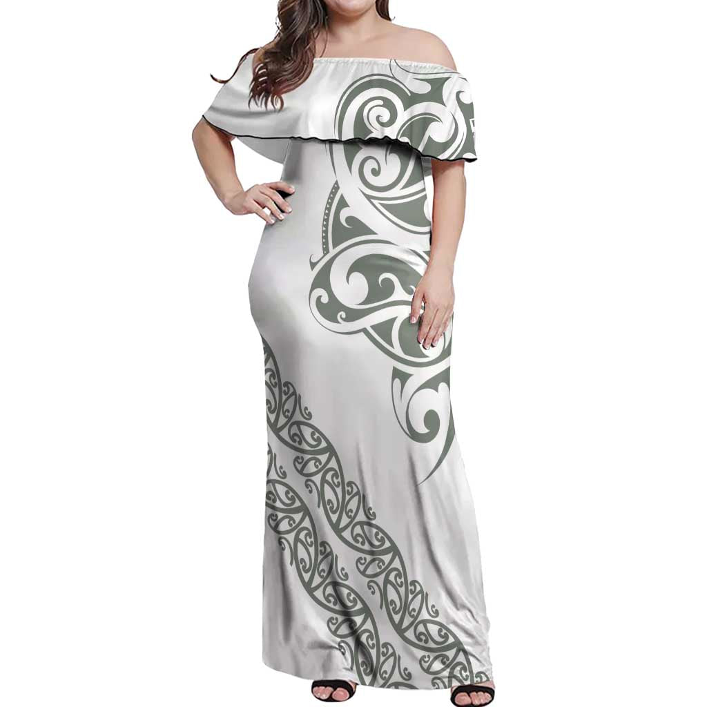 All White Maori Tribal Tattoo Personalised Off Shoulder Maxi Dress Moss Green Polynesian Style - Polynesian Pride