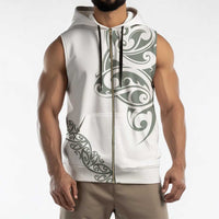 All White Maori Tribal Tattoo Personalised Sleeveless Zip Hoodie Moss Green Polynesian Style - Polynesian Pride