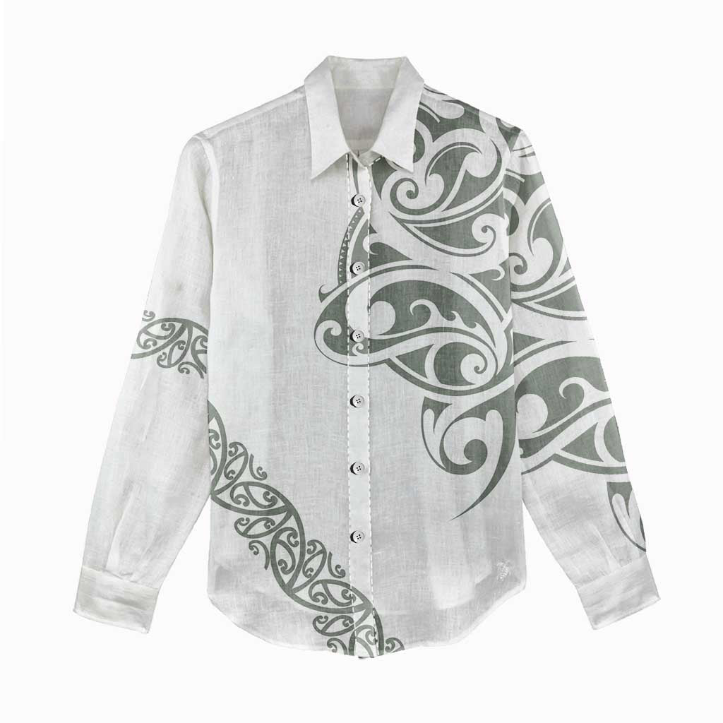 All White Maori Tribal Tattoo Personalised Women Casual Shirt Moss Green Polynesian Style - Polynesian Pride