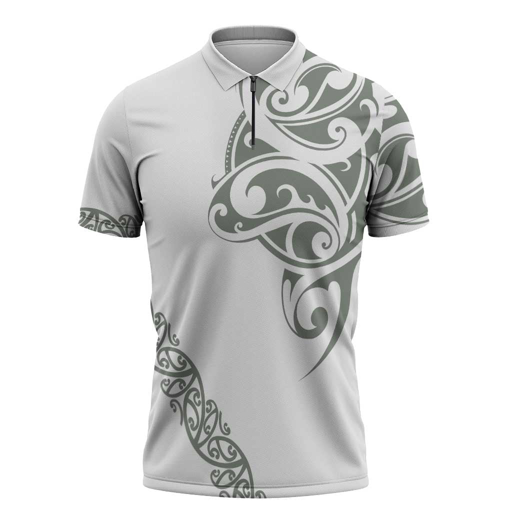 All White Maori Tribal Tattoo Personalised Zipper Polo Shirt Moss Green Polynesian Style - Polynesian Pride