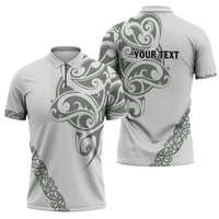 All White Maori Tribal Tattoo Personalised Zipper Polo Shirt Moss Green Polynesian Style - Polynesian Pride