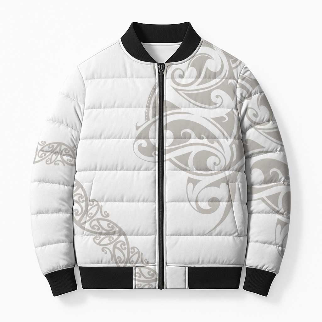 All White Maori Tribal Tattoo Personalised Bomber Puffer Jacket Stone Gray Polynesian Style - Polynesian Pride
