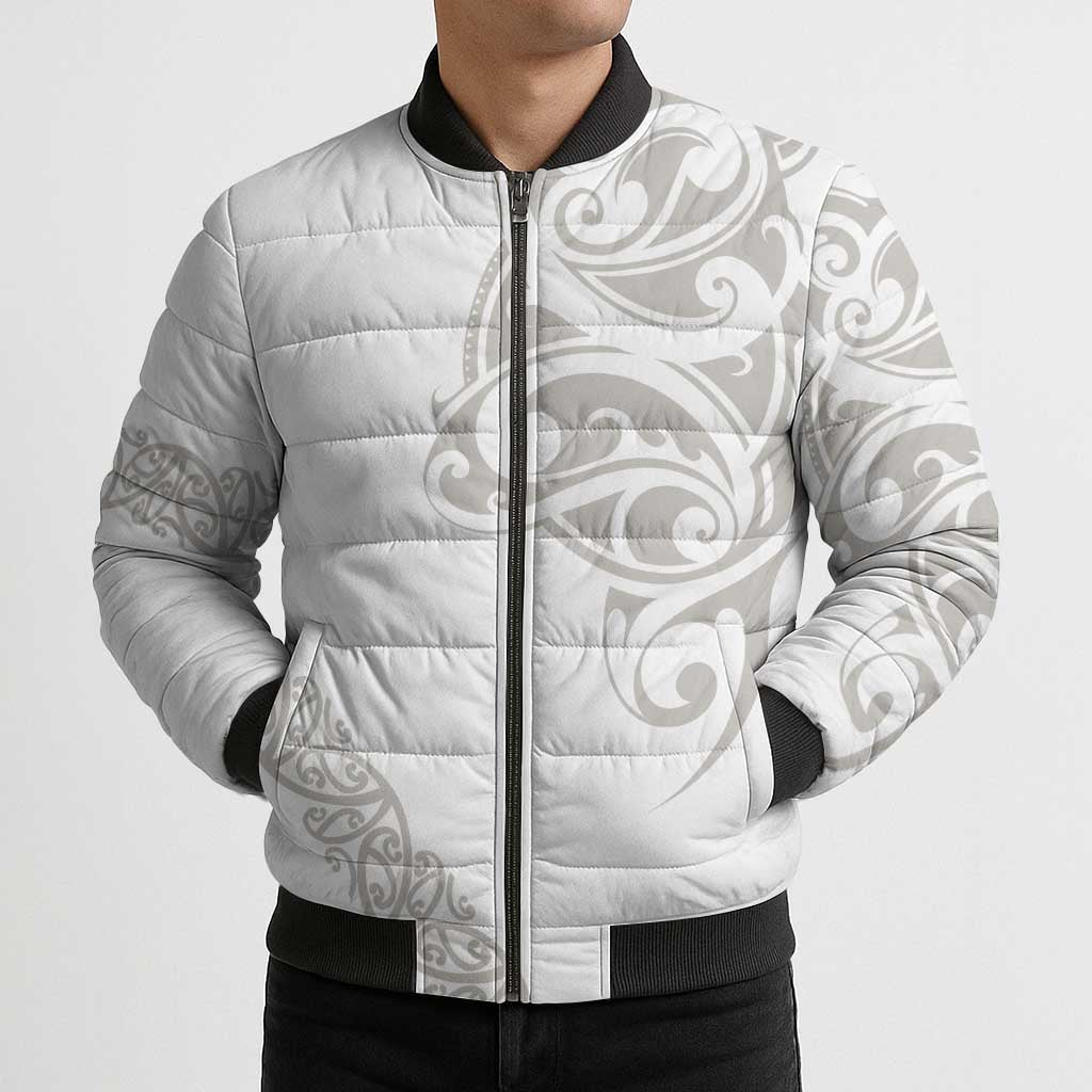 All White Maori Tribal Tattoo Personalised Bomber Puffer Jacket Stone Gray Polynesian Style - Polynesian Pride