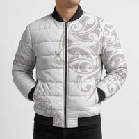 All White Maori Tribal Tattoo Personalised Bomber Puffer Jacket Stone Gray Polynesian Style - Polynesian Pride