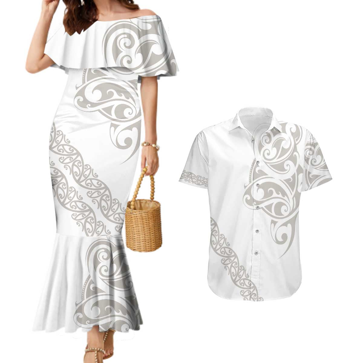 All White Maori Tribal Tattoo Personalised Couples Matching Mermaid Dress and Hawaiian Shirt Stone Gray Polynesian Style - Polynesian Pride