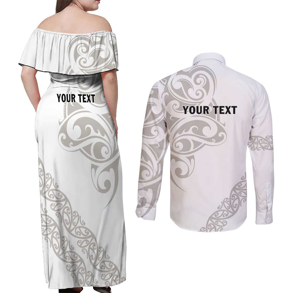 All White Maori Tribal Tattoo Personalised Couples Matching Off Shoulder Maxi Dress and Long Sleeve Button Shirt Stone Gray Polynesian Style - Polynesian Pride