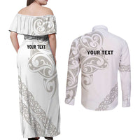 All White Maori Tribal Tattoo Personalised Couples Matching Off Shoulder Maxi Dress and Long Sleeve Button Shirt Stone Gray Polynesian Style - Polynesian Pride